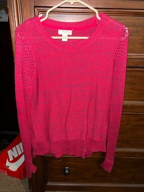 Route 66 Women's Open-Weave Crewneck Sweater in Hot Pink